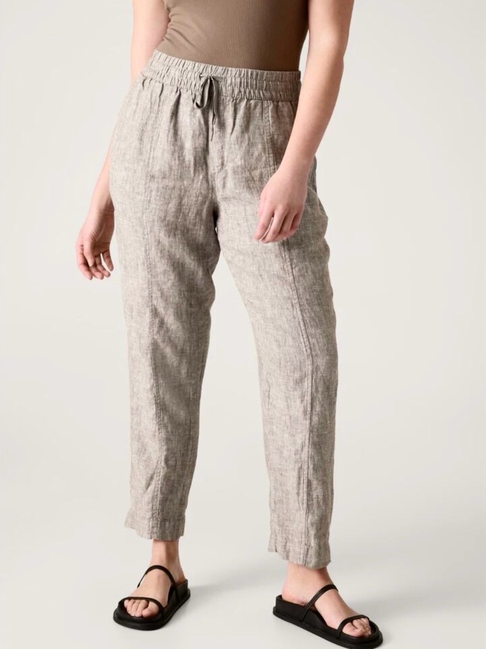 Athleta 100% Linen Drawstring Pants Brown/Tan Lightweight Travel Lounge Joggers